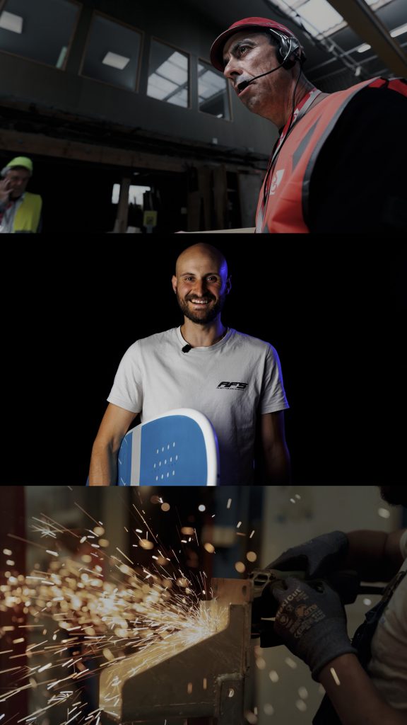 Trois plans de films d&rsquo;entreprise : un chef de chantier casqu&eacute;, le portrait d&rsquo;un sportif souriant et une meuleuse qui projette des &eacute;tincelles en atelier