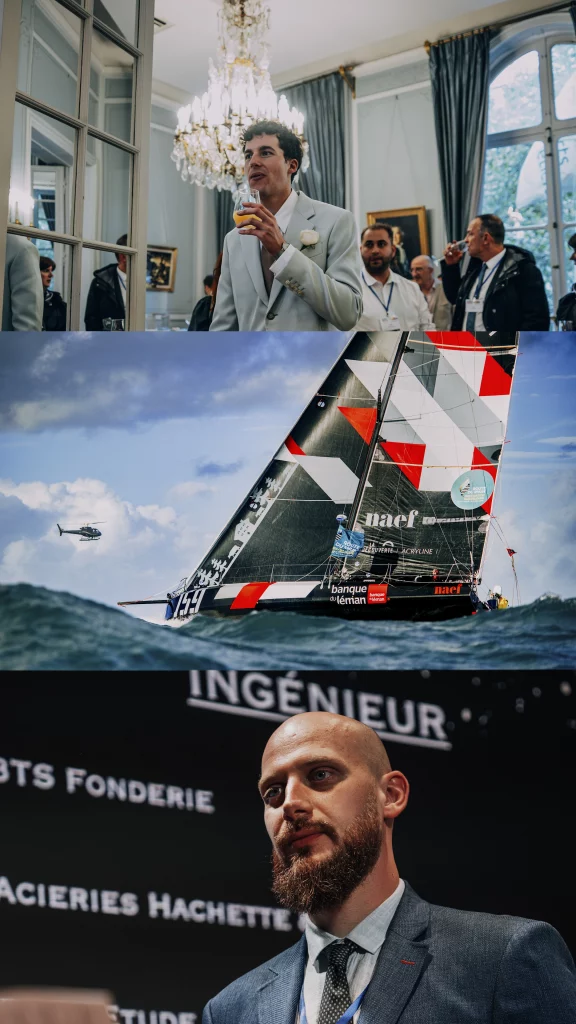 Trois plans d&rsquo;&eacute;v&eacute;nements film&eacute;s : un invit&eacute; l&egrave;ve son verre lors d&rsquo;une r&eacute;ception, un voilier de course escort&eacute; par un h&eacute;licopt&egrave;re, un intervenant sur la sc&egrave;ne d&rsquo;une c&eacute;r&eacute;monie