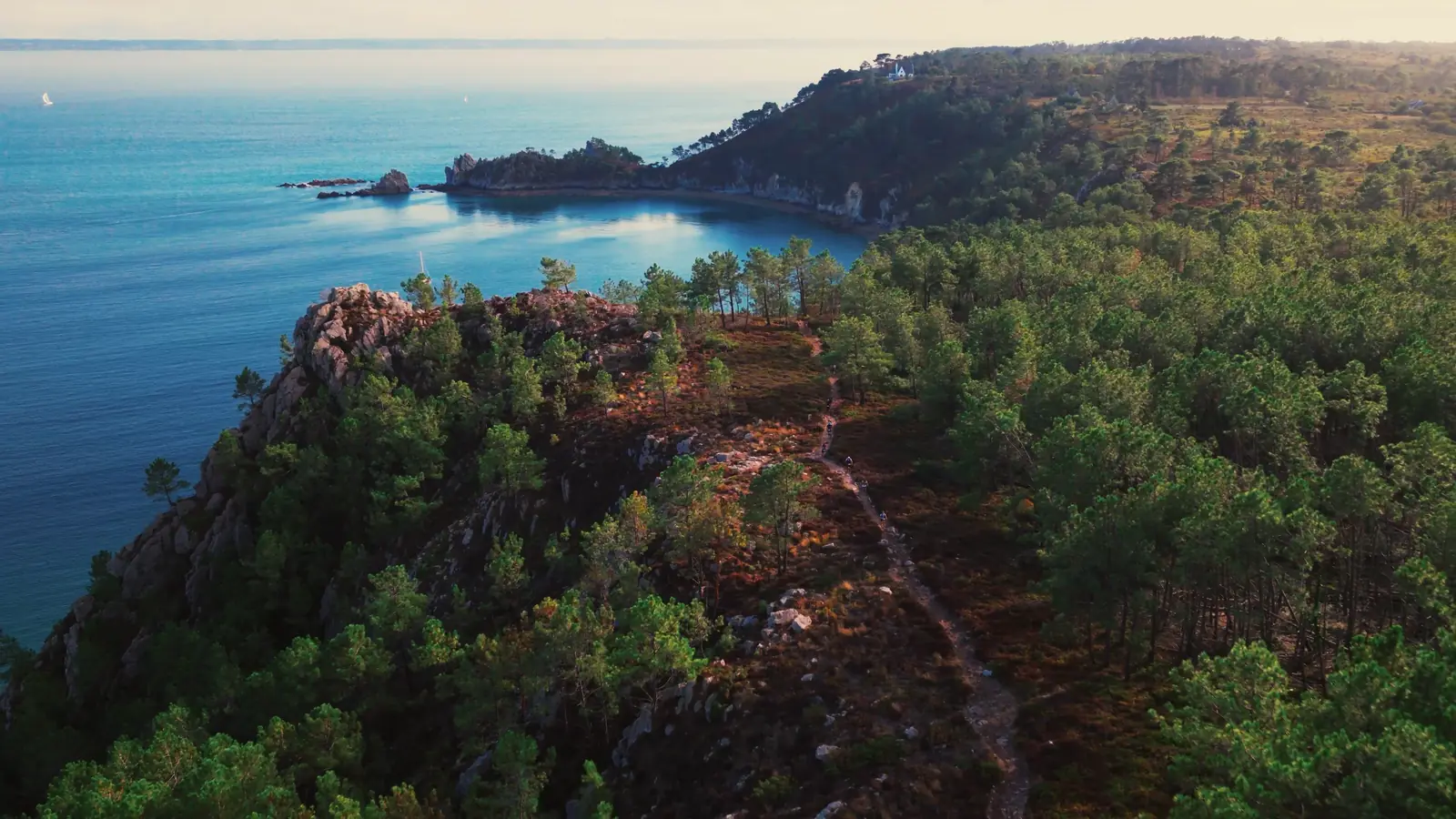Vue a&eacute;rienne d'un sentier de trail entre les pins, au-dessus de falaises et d'une mer turquoise
