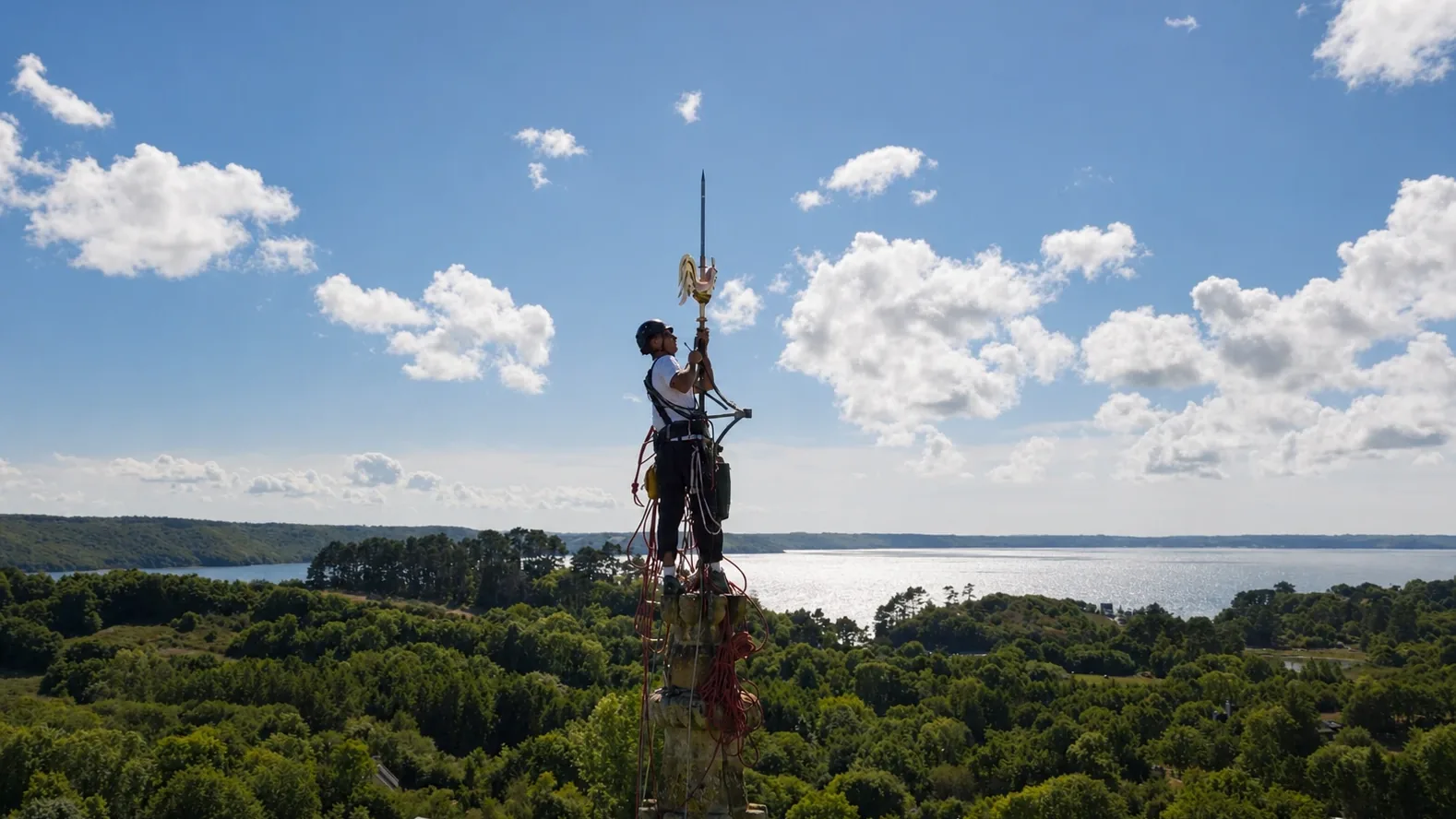 Intervenant de Kordenn encord&eacute; au sommet d'un clocher, la main sur le coq, au-dessus des arbres avec la mer &agrave; l'horizon